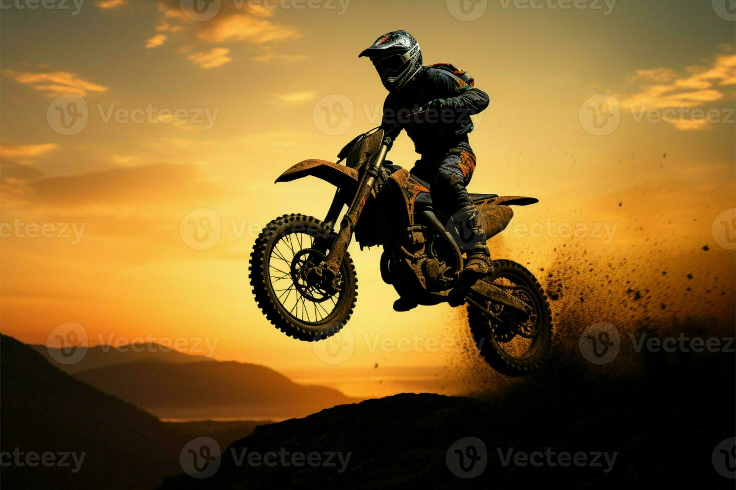 hoog vliegend motorcross voorkant wiel verheven in silhouet, een actie schouwspel ai gegenereerd foto