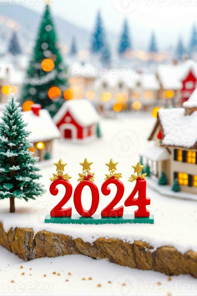 sprankelend 2024 miniatuur, vieren Kerstmis nieuw jaar in stijl, ai gegenereerd foto