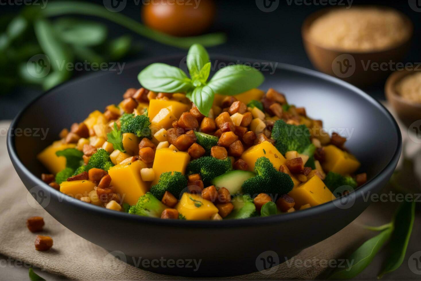 veganistisch voedsel, salade met kikkererwten, pompoen en groenten in een kom Aan een donker achtergrond. ai gegenereerd foto