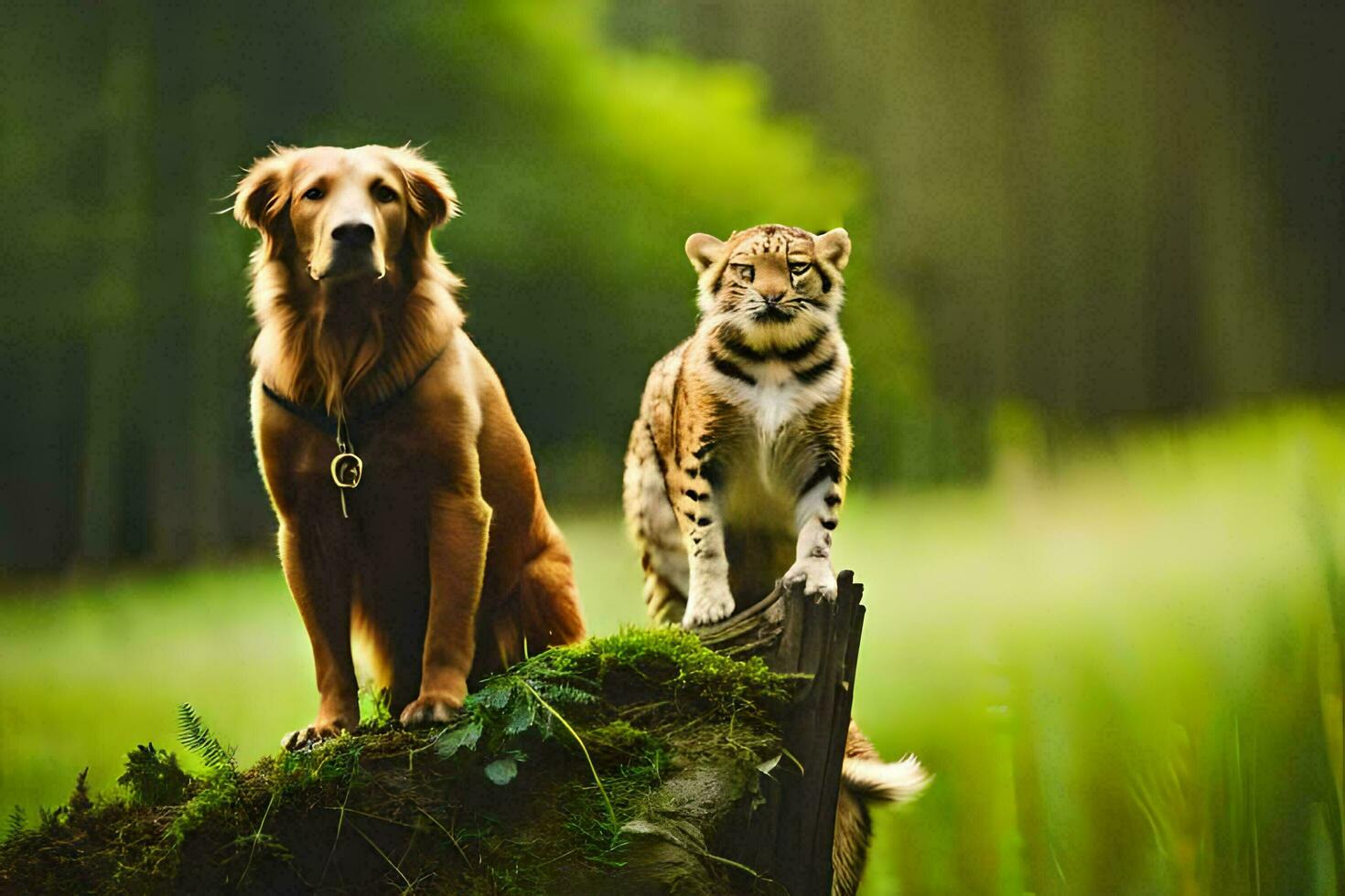 een hond en een tijger staand Aan een logboek. ai-gegenereerd foto