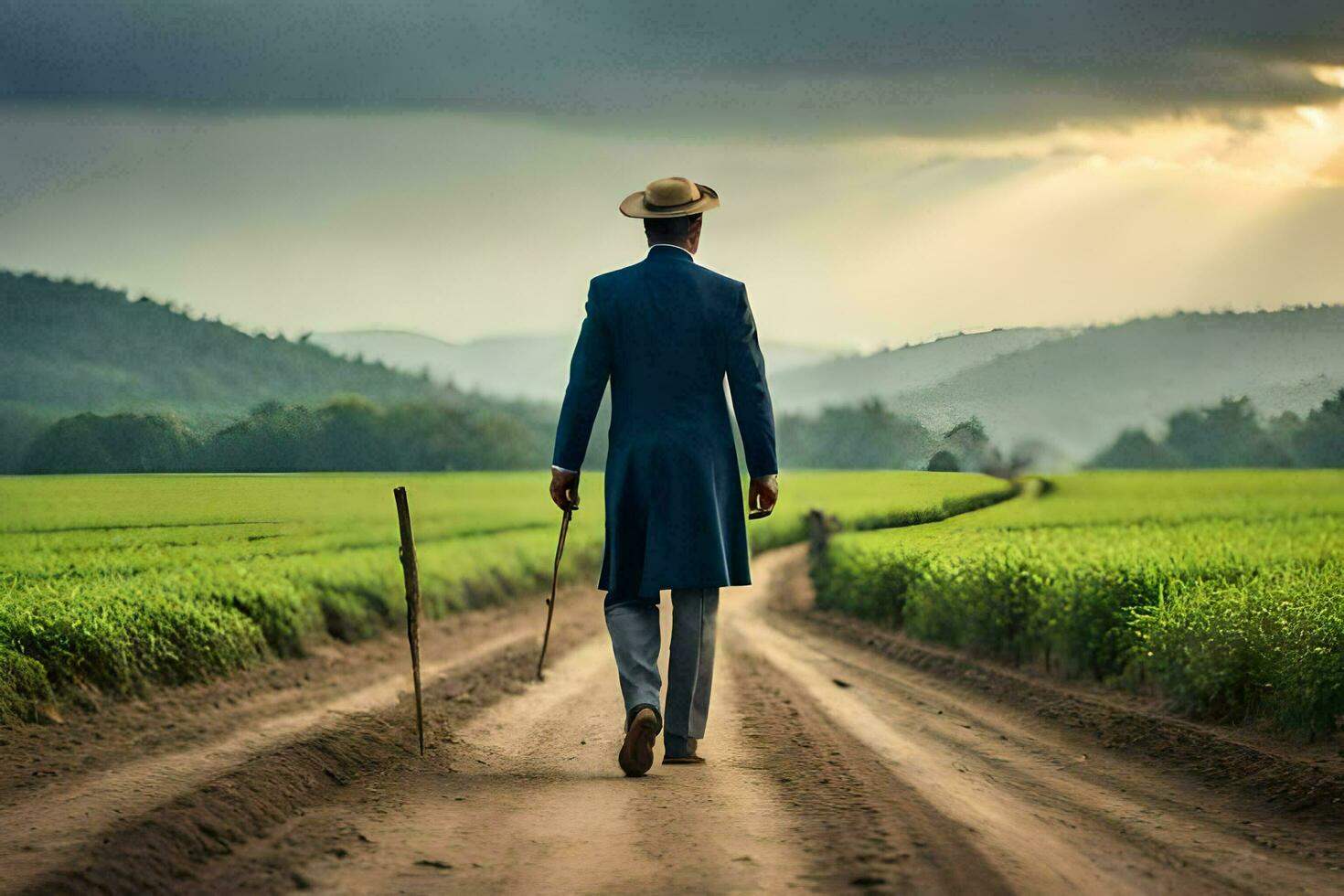 een Mens in een blauw pak wandelingen naar beneden een aarde weg. ai-gegenereerd foto