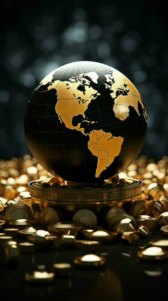 een kostbaar zwart en goud wereldbol ingelijst door een hoop van goud munten verticaal mobiel behang ai gegenereerd foto