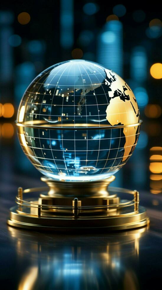kristal wereldbol geïntegreerde met echt tijd voorraad gegevens, een symbool van globaal financiën verticaal mobiel behang ai gegenereerd foto