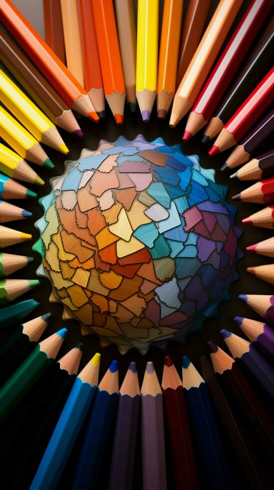 verschillend tinten van kleur potloden omcirkelen een levendig en kleurrijk wereldbol verticaal mobiel behang ai gegenereerd foto