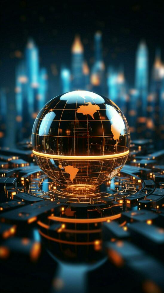 futuristische 3d renderen gloeiend bol met financieel symbolen, een digitaal financieel wereld verticaal mobiel behang ai gegenereerd foto