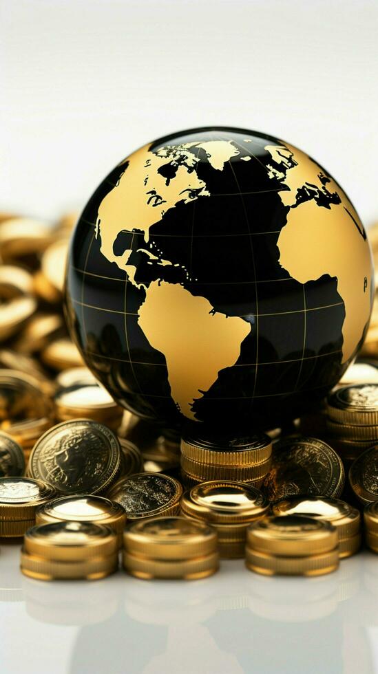 glanzend goud munten omringen een zwart en goud wereldbol Aan een wit achtergrond verticaal mobiel behang ai gegenereerd foto