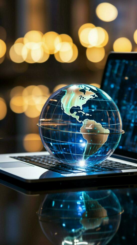 een glas wereldbol Aan een laptop symboliseert een globaal bedrijf perspectief verticaal mobiel behang ai gegenereerd foto