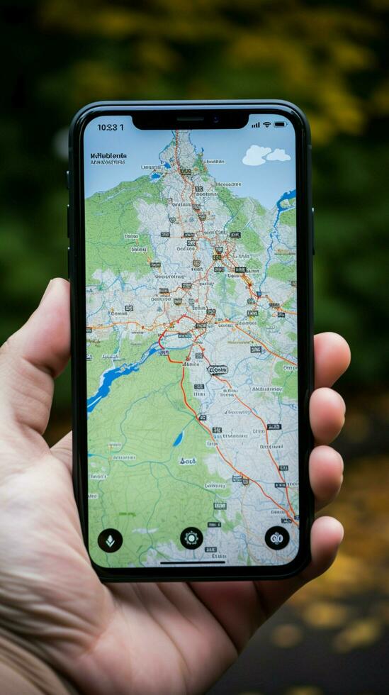 toerist kaarten van Polen met een mobiel telefoon voor navigatie en exploratie verticaal mobiel behang ai gegenereerd foto