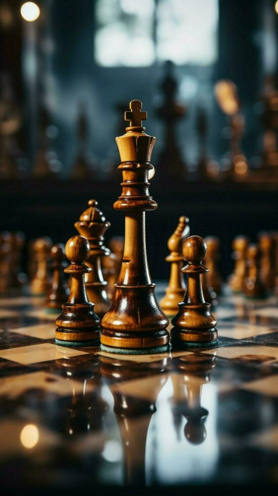 schaken, een metafoor voor een zakenmannen spel plan, strategie, en tactisch dapperheid verticaal mobiel behang ai gegenereerd foto