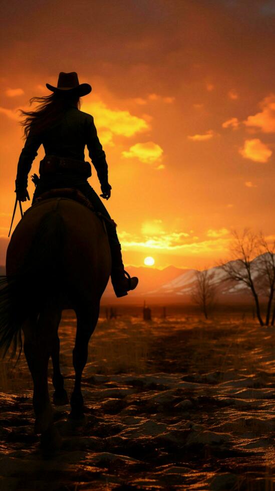 een te paard rijden cowgirls silhouet tegen de schemering lucht verticaal mobiel behang ai gegenereerd foto