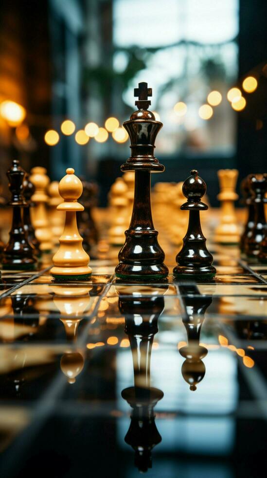 een strategisch bedrijf Actie resultaten in een spel einde schaakmat voor de koning verticaal mobiel behang ai gegenereerd foto