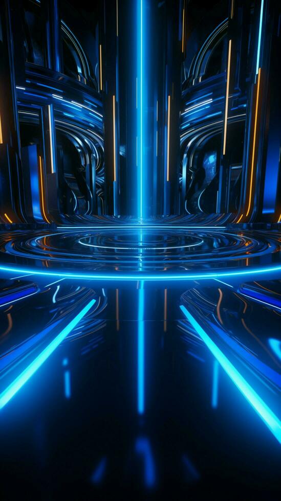 futuristische 3d abstractie levendig blauw neon straalt uit Aan een diep zwart illustratie verticaal mobiel behang ai gegenereerd foto