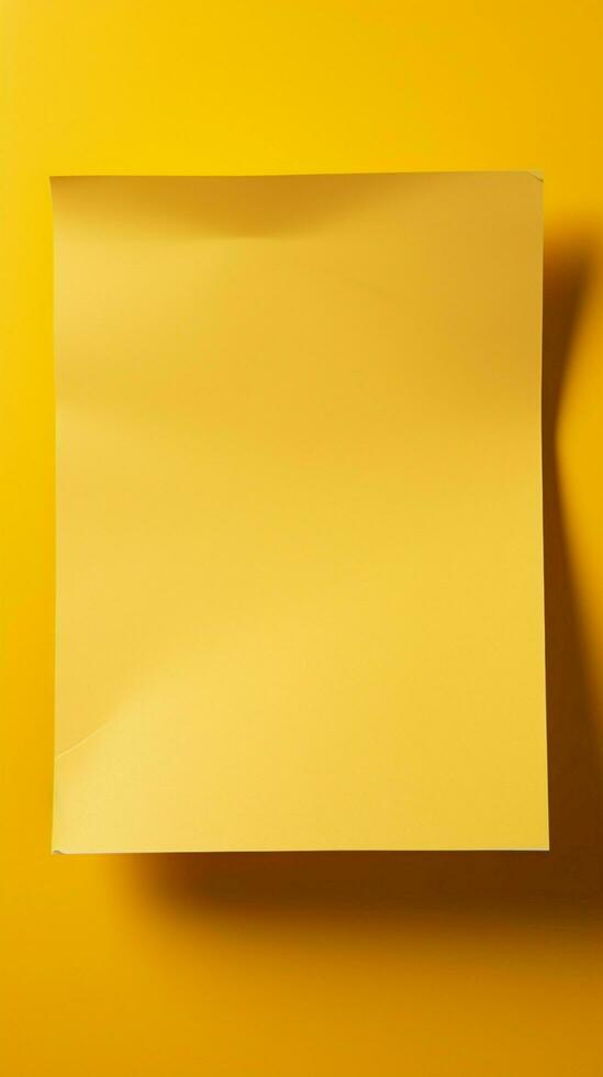 blanco wit papier Aan een helder geel achtergrond, klaar voor uw creativiteit verticaal mobiel behang ai gegenereerd foto