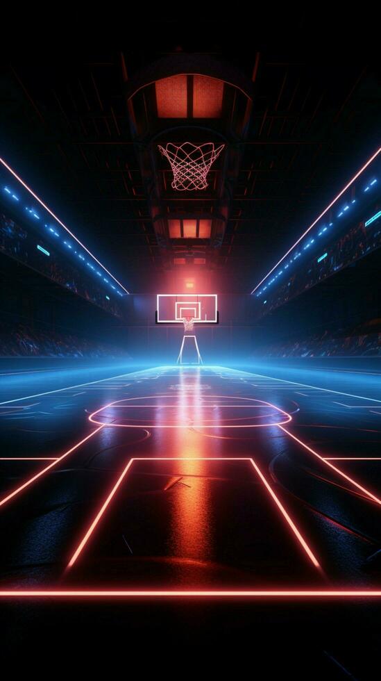 meeslepend virtueel sport 3d geven van een neon lit basketbal velden kant visie verticaal mobiel behang ai gegenereerd foto