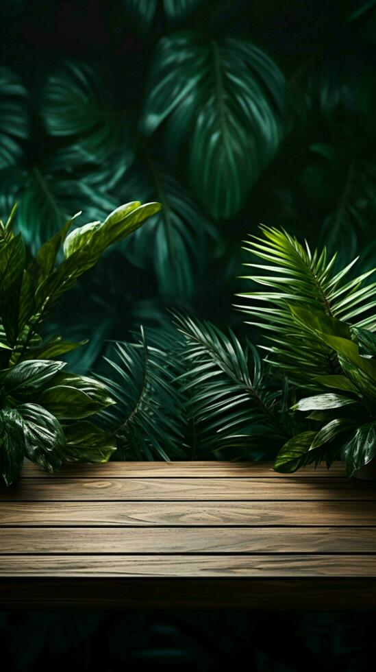 realistisch 3d eik hout tafel met tropisch bladeren voor Product bedekking verticaal mobiel behang ai gegenereerd foto