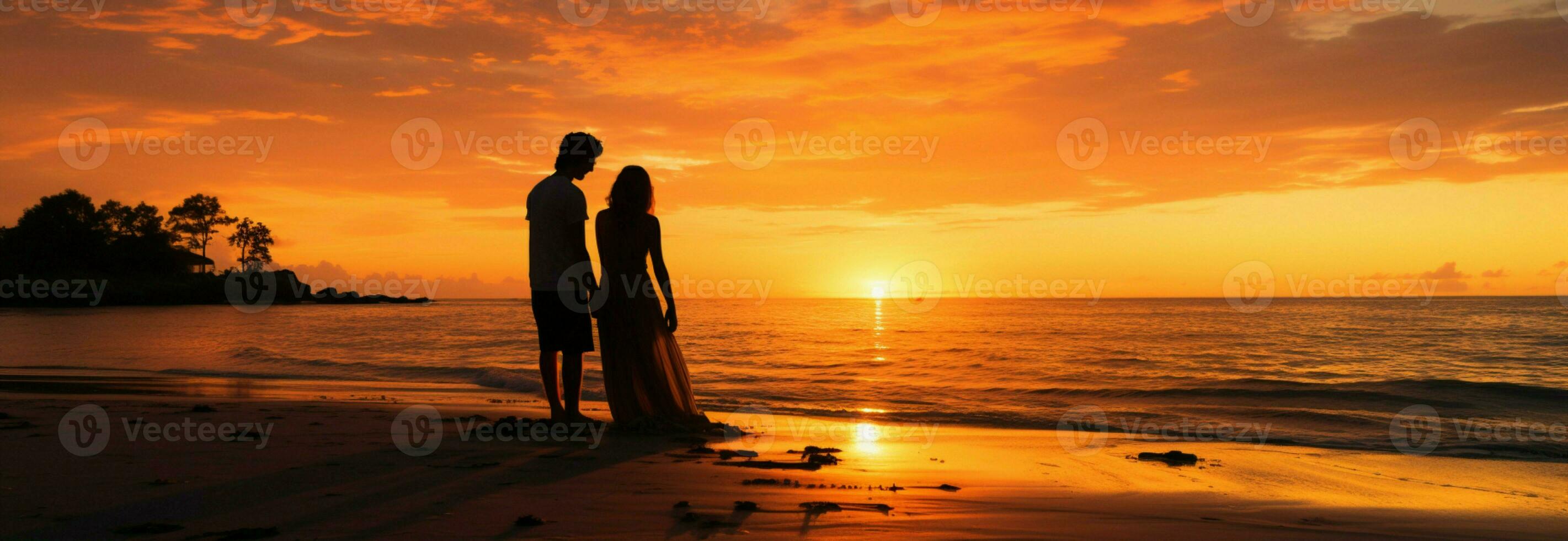 romantisch strand momenten paren silhouet, omarmen in de zonsondergangen warm omhelzing ai gegenereerd foto