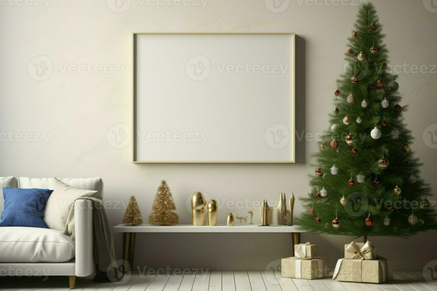 Kerstmis interieur mockup ingelijst tegen een room muur in een knus leven kamer ai gegenereerd foto