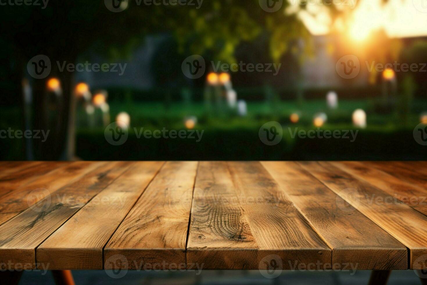 zacht wazig omgeving kader een houten tafel, het verstrekken van een knus, getextureerde backdrop ai gegenereerd foto