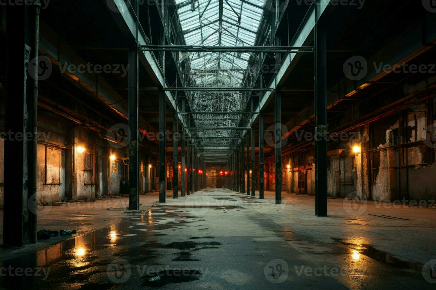 een eng, verlaten industrieel gebouw getransformeerd in een fantastisch interieur instelling ai gegenereerd foto