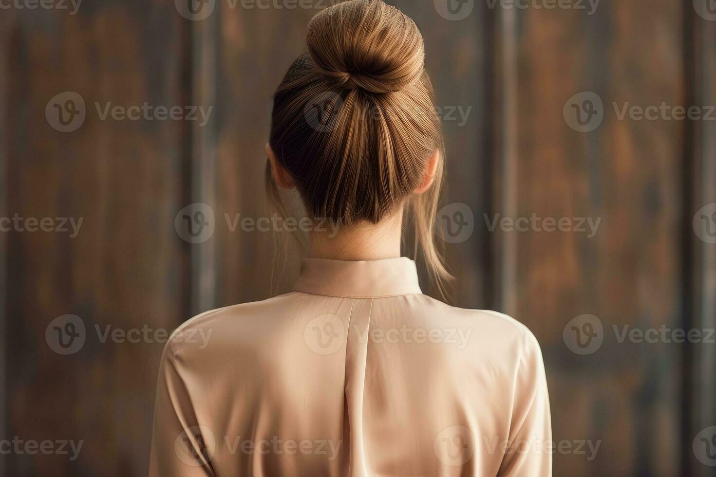 model- van Dames lang haar- bun kijken van terug ai gegenereerd foto
