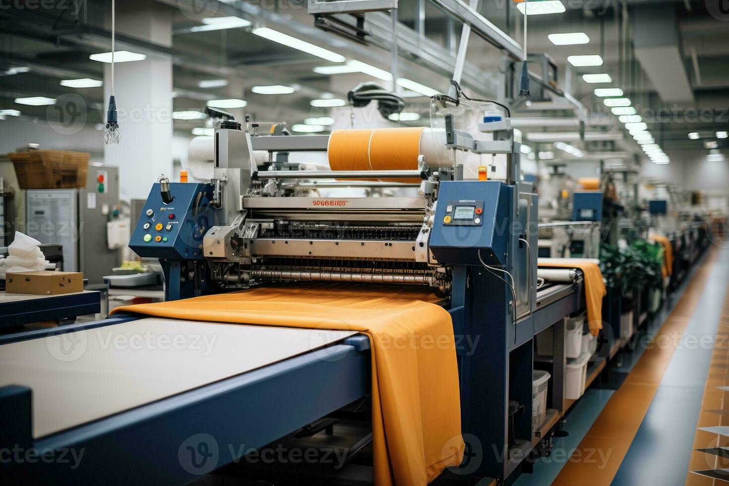 foto van binnen textiel fabriek lijn productie visie ai generatief