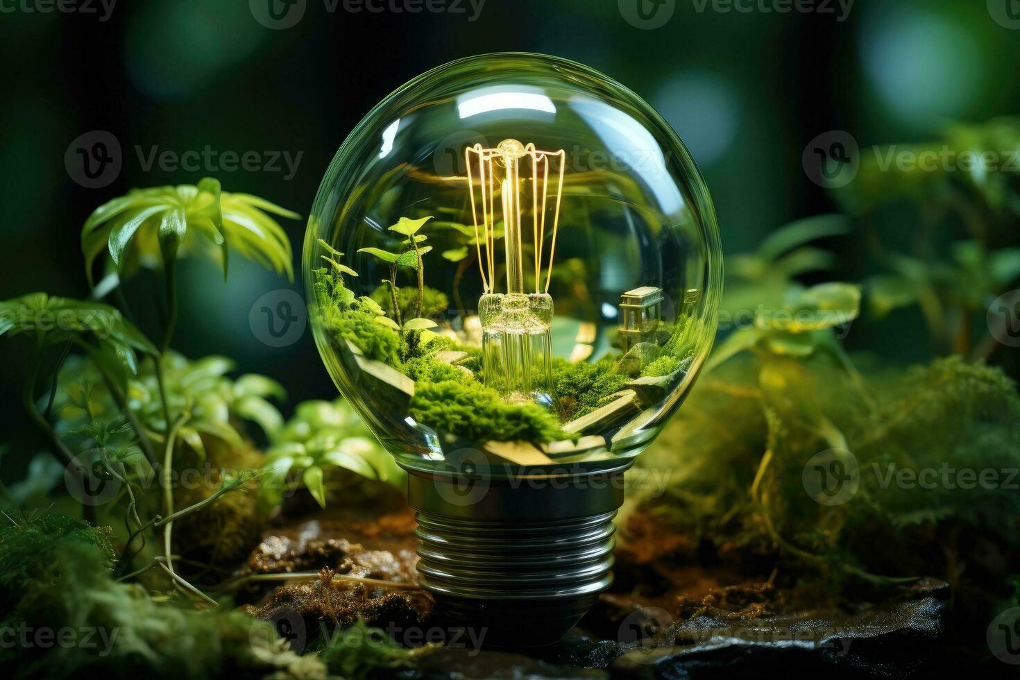 groen energie licht lamp met spruit binnen natuur ai generatief foto