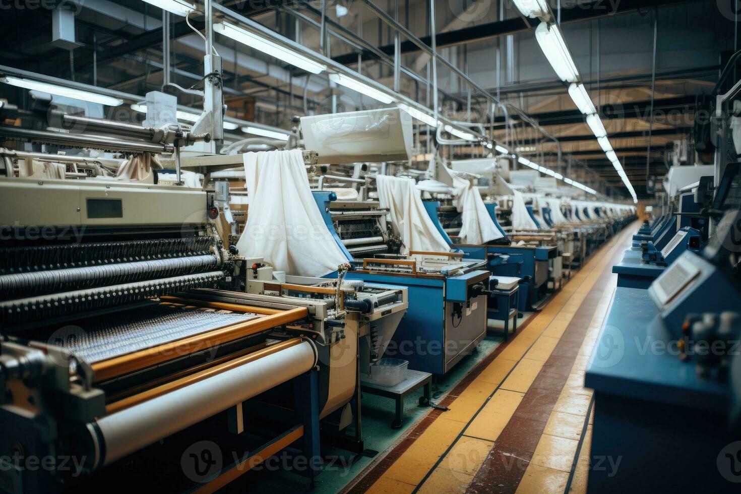 foto van binnen textiel fabriek lijn productie visie ai gegenereerd