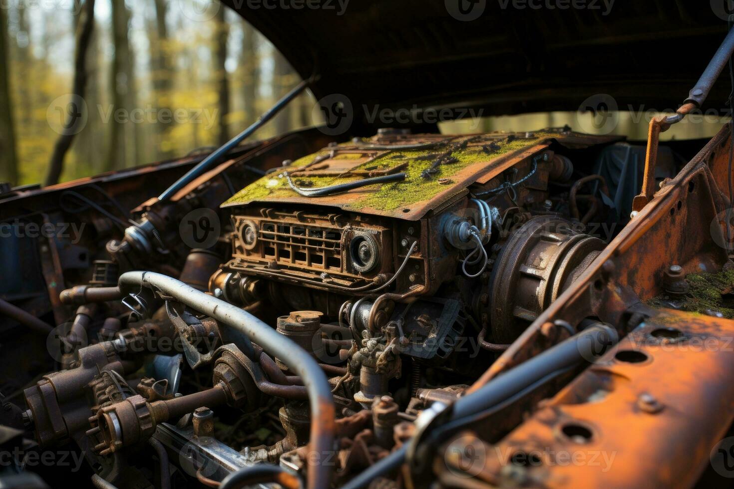 binnen roestig auto kap motor professioneel reclame fotografie ai gegenereerd foto