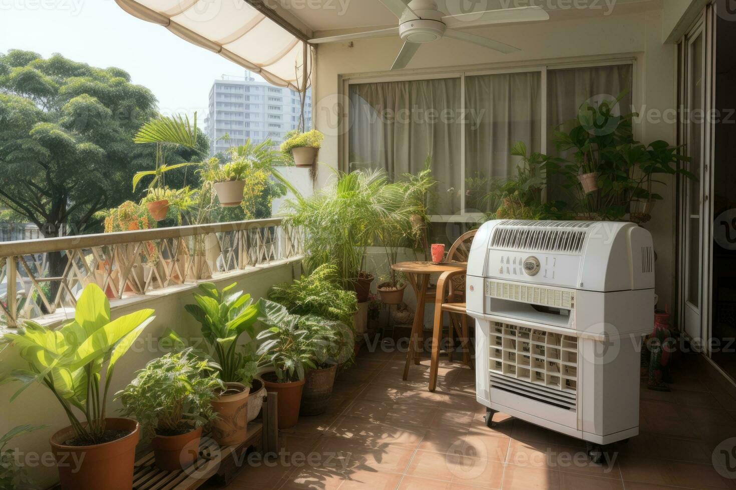 hoek van de huis waar de staand ventilator is gelegen professioneel reclame fotografie ai gegenereerd foto