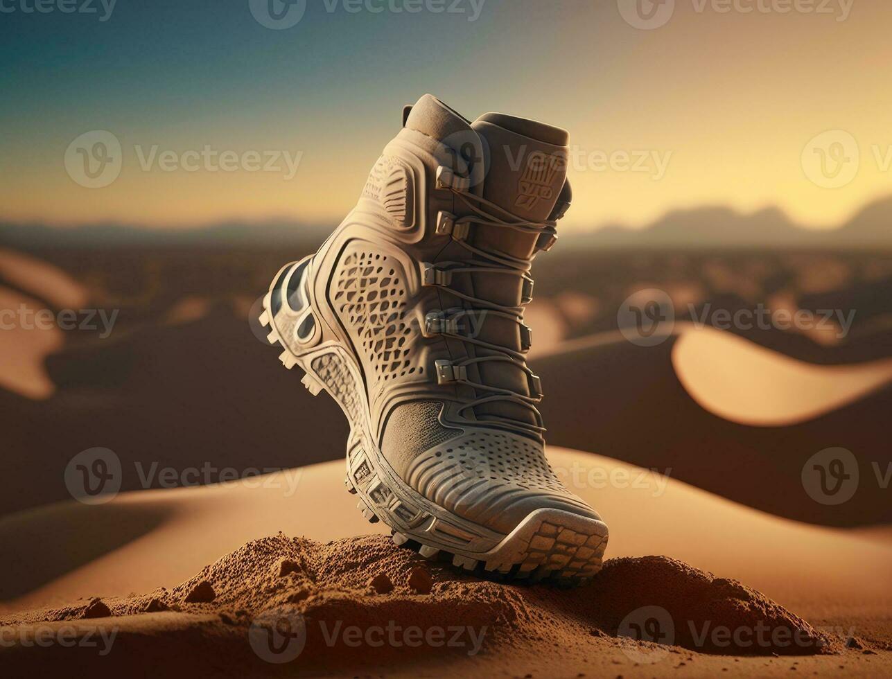 trekking schoenen in woestijn zand. leger sport trekking schoenen. gevecht laarzen. generatief ai foto