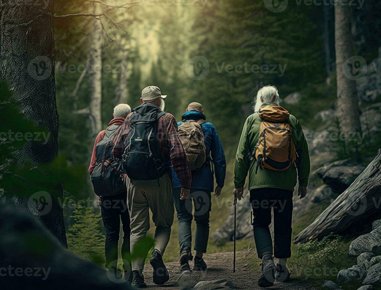 hiking, geschiktheid en groep van vrienden in Woud voor avontuur, vrijheid en sport- Aan berg pad. reis, pensioen en terug van senior wandelaars voor oefening welzijn, trekking training. generatief ai foto