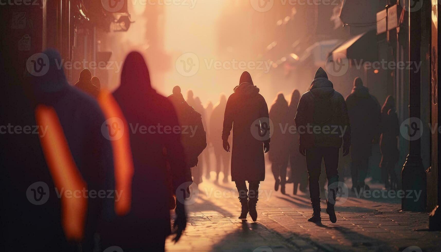 mensen wandelen naar beneden de straat in de avond, mooi licht Bij zonsondergang. de foto is met opzet gemaakt uit van focus, Nee gezichten zijn herkenbaar. generatief ai