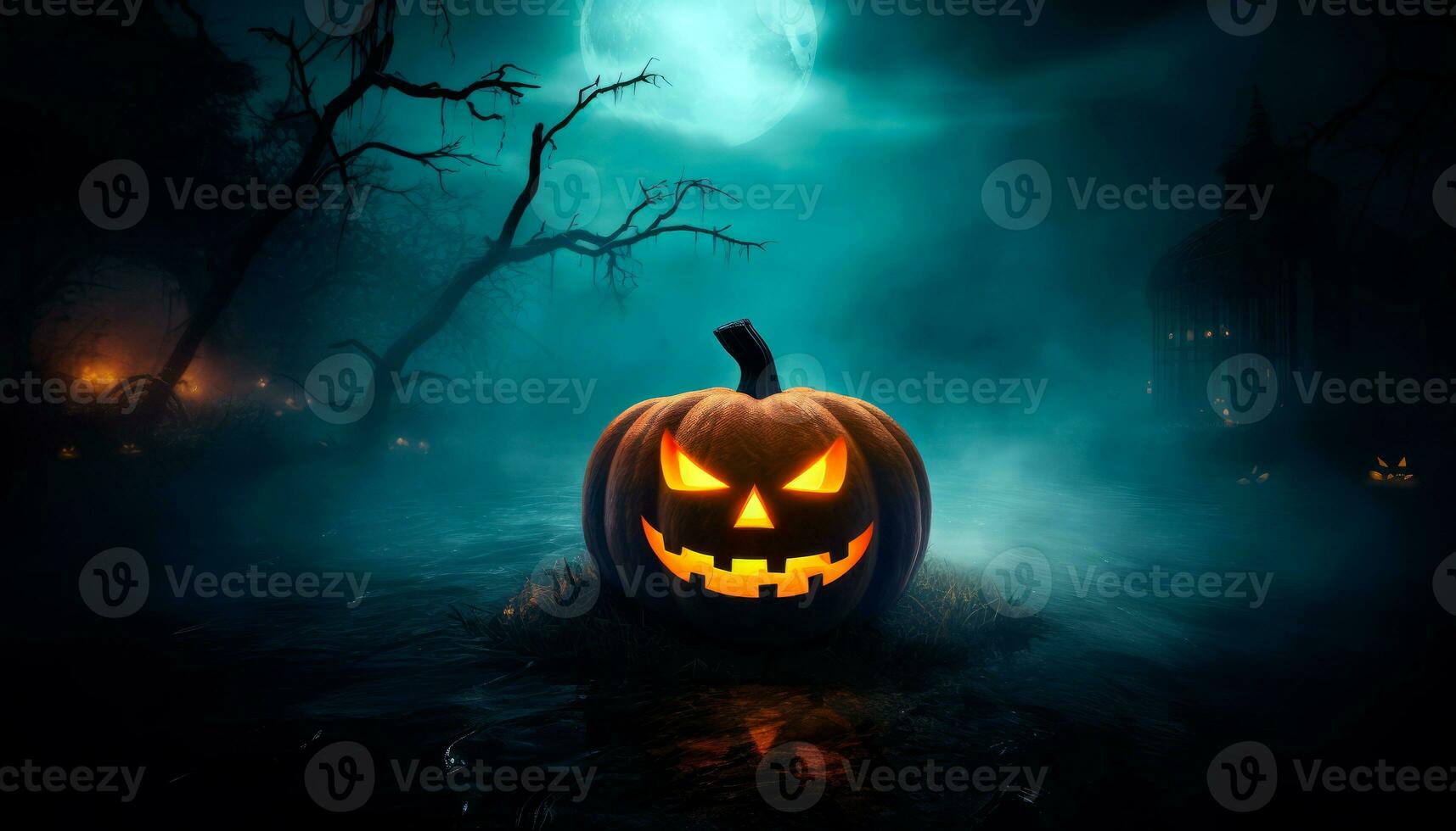 eng halloween pompoen in een spookachtig Woud nacht met kopiëren ruimte. generatief ai foto