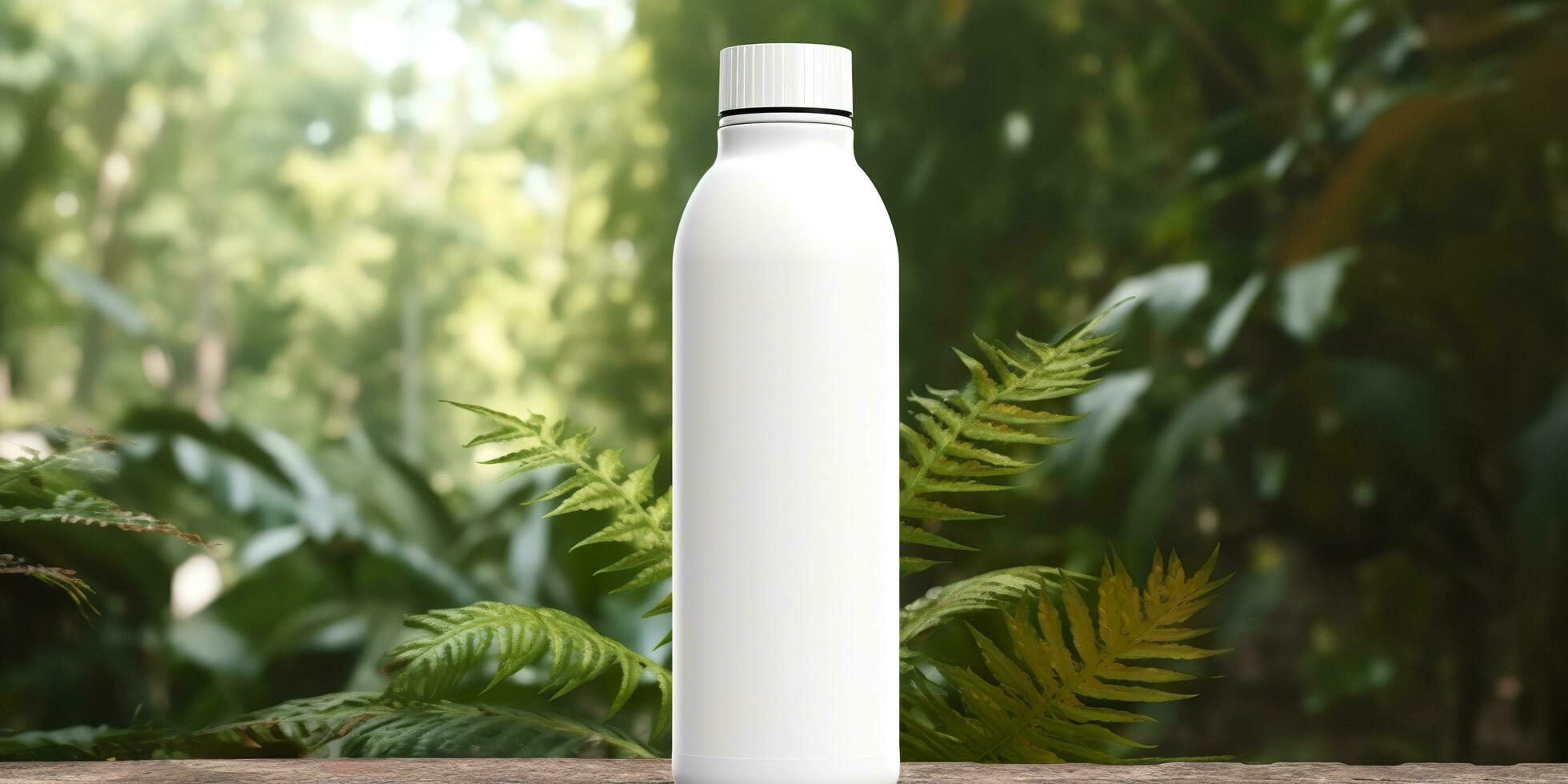 wit blanco fles mockup met natuurlijk thema achtergrond. ai generatief foto