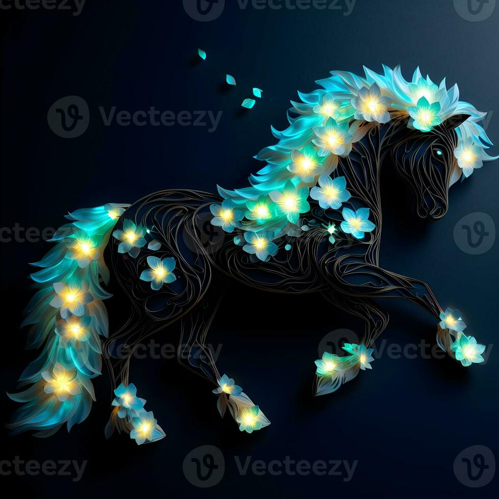lichtgevend paarden elegantie, een majestueus paard met een bioluminescent bloemen kroon. ai gegenereerd foto