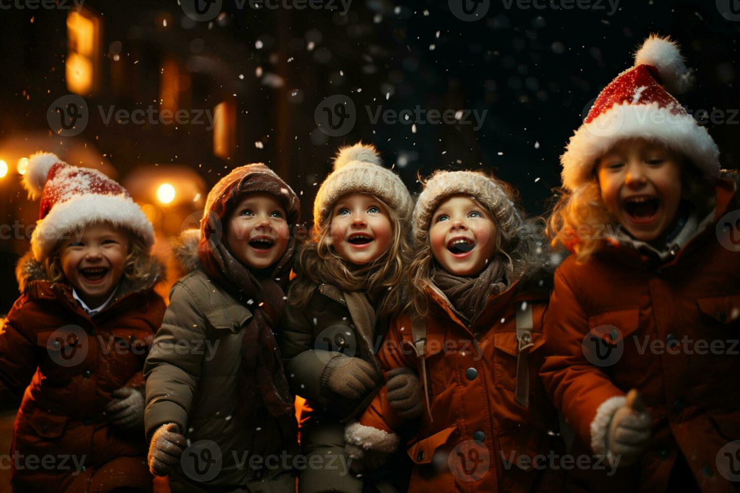kinderen spelen en aan het kijken sneeuw Aan Kerstmis vooravond foto