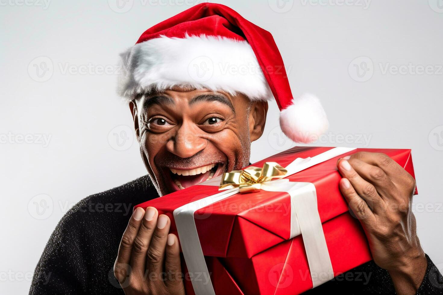 een afbeelding van een zwart Mens vervelend een de kerstman hoed en Holding een geschenk doos in een wit studio, ai generatief foto