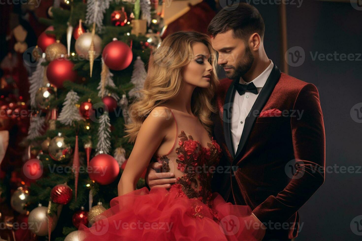 afbeelding van een paar in liefde staand De volgende naar een Kerstmis boom vervelend luxe kleren, ai generatief foto