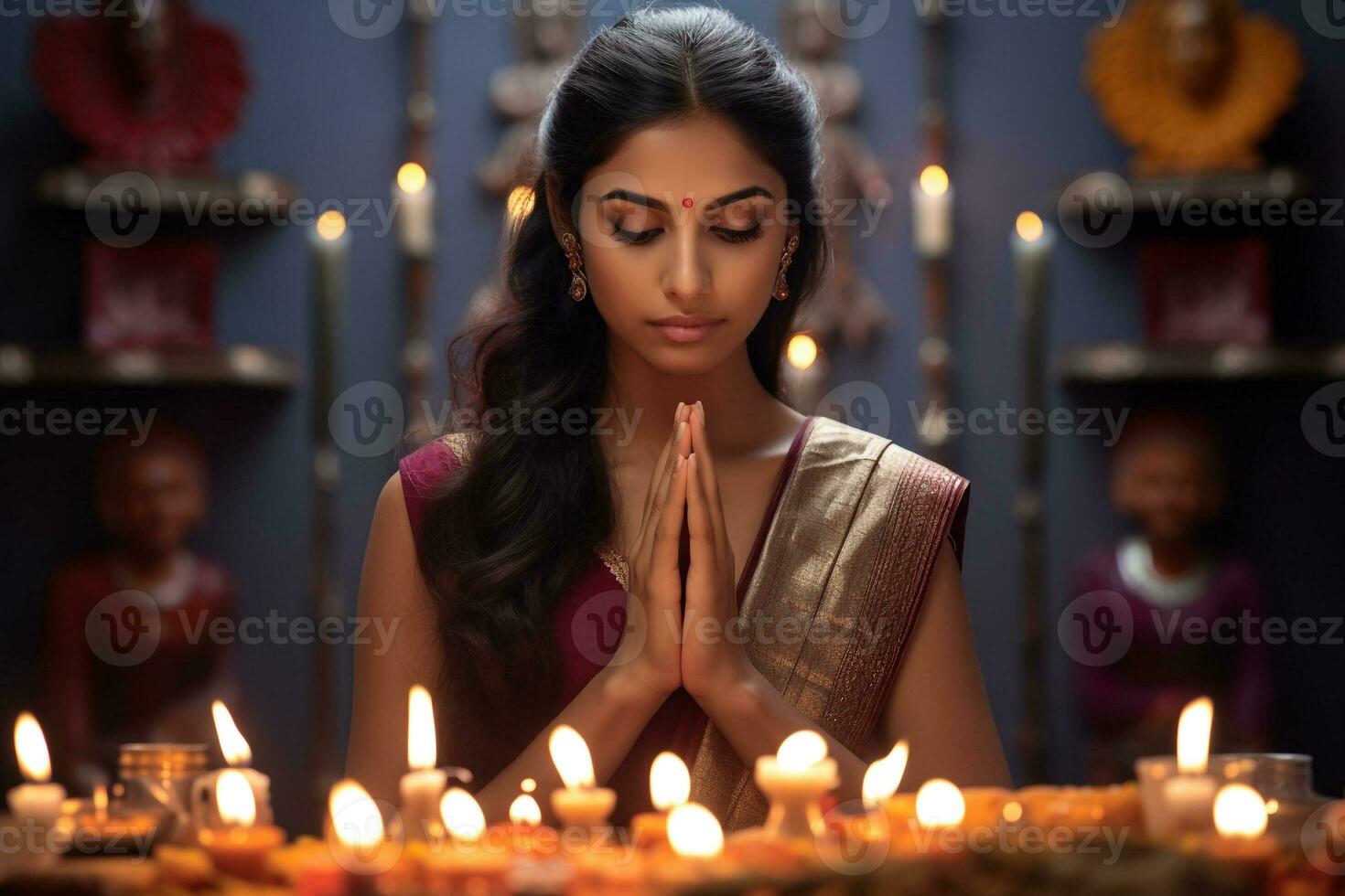 een afbeelding van een vrouw werken Bij een bedrijf bidden naar god gedurende de diwali festival, ai generatief foto