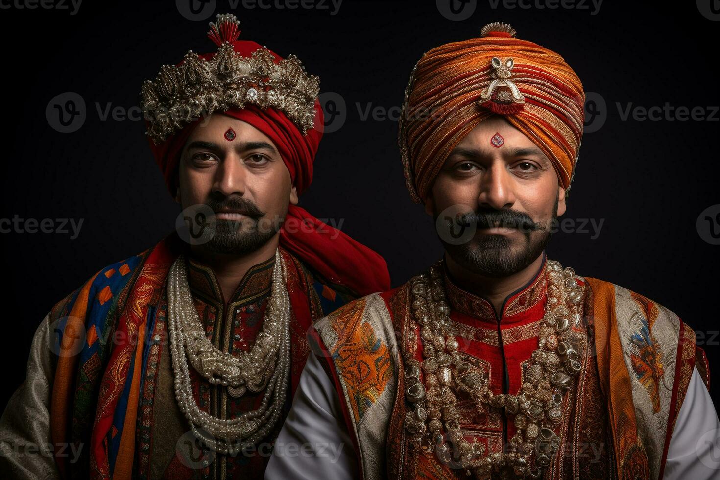 een foto van twee Indisch mannen in traditioneel kleren, ai generatief