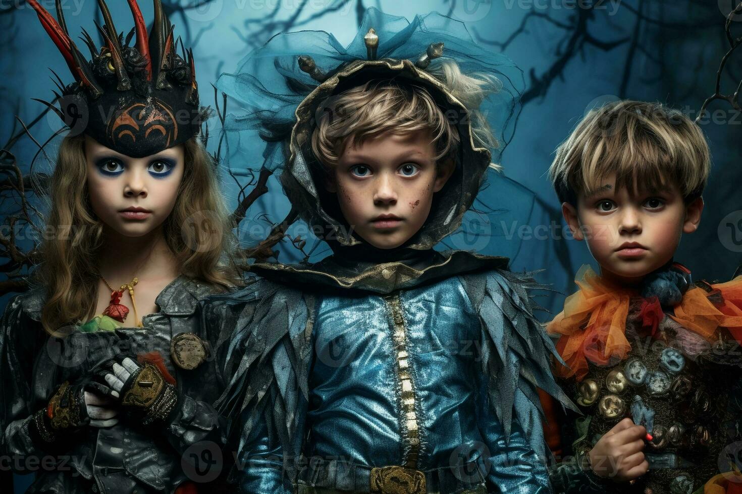 een afbeelding van jong kinderen gekleed omhoog voor halloween, ai generatief foto