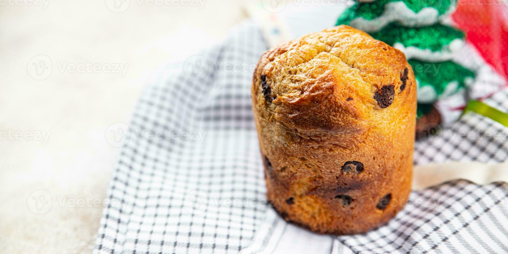 panettone Kerstmis bakken zoet gebakje droog fruit chocola Kerstmis zoet toetje vakantie traktatie nieuw jaar viering maaltijd voedsel tussendoortje Aan de tafel kopiëren ruimte voedsel achtergrond rustiek top visie foto