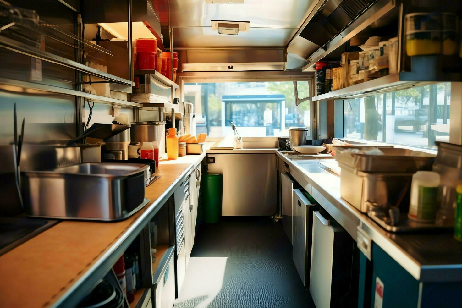 binnen schoon keuken van een modern restaurant of mini cafe met Koken gereedschap en klein bar teller concept door ai gegenereerd foto