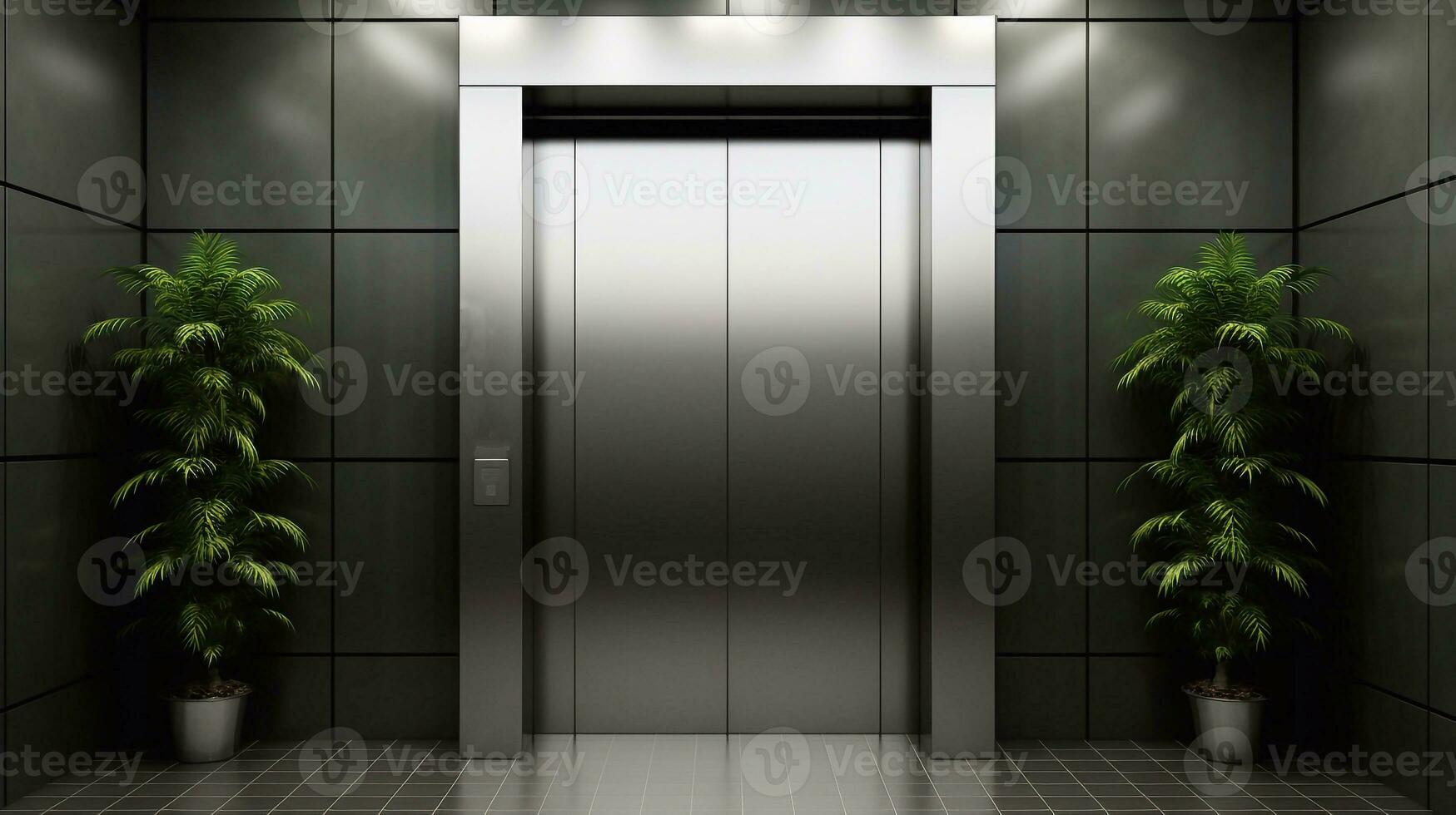 een foto van digitaal composiet van lift in modern kantoor gebouw met planten in voorkant van lift deur generatief ai