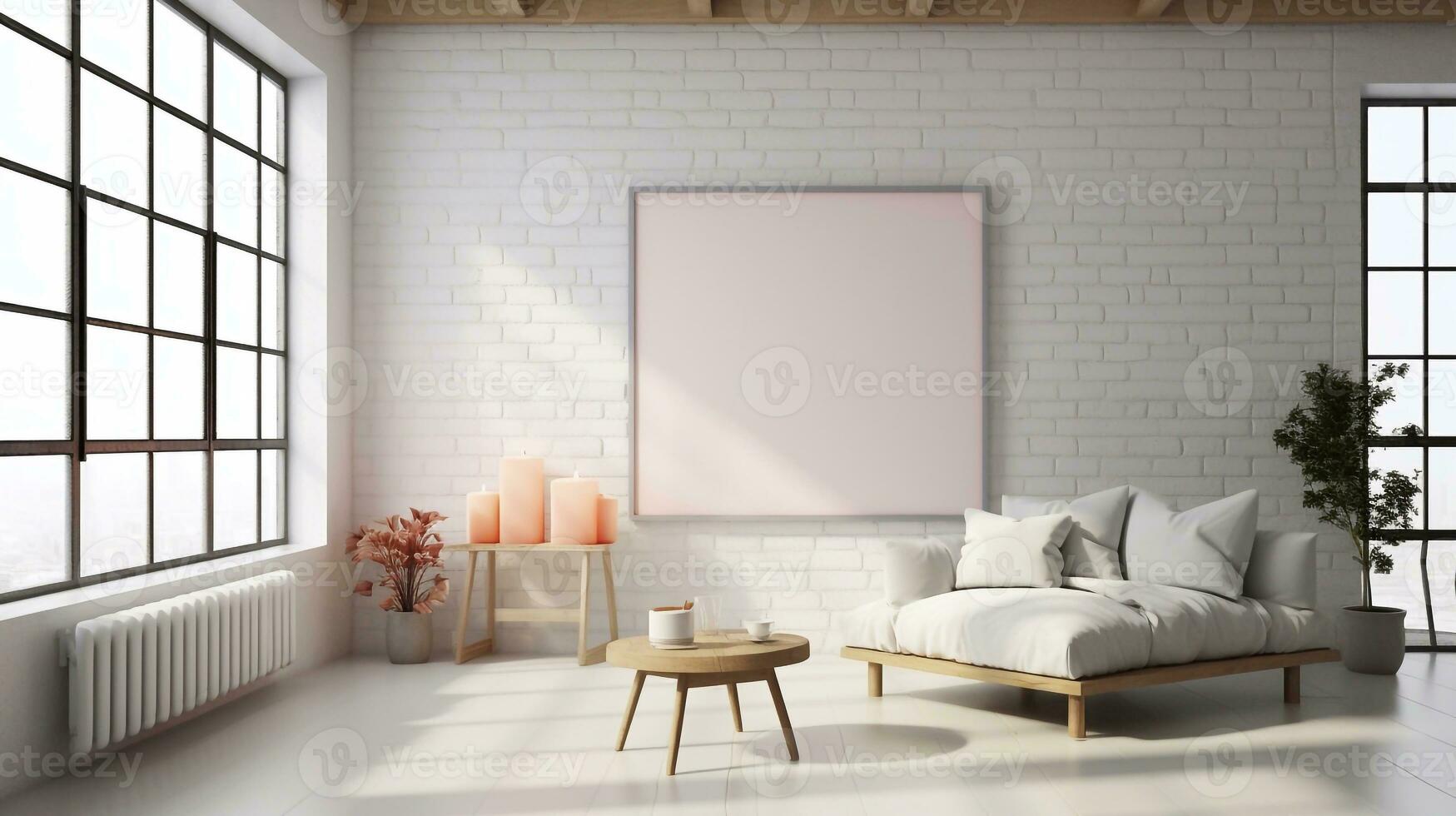 een beeld van interieur van modern leven kamer met wit steen muur, sofa en koffie tafel. bespotten omhoog poster. 3d renderen generatief ai foto