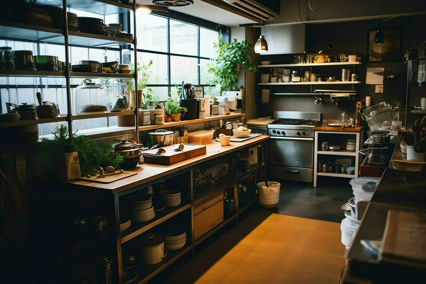 binnen schoon keuken van een modern restaurant of mini cafe met Koken gereedschap en klein bar teller concept door ai gegenereerd foto