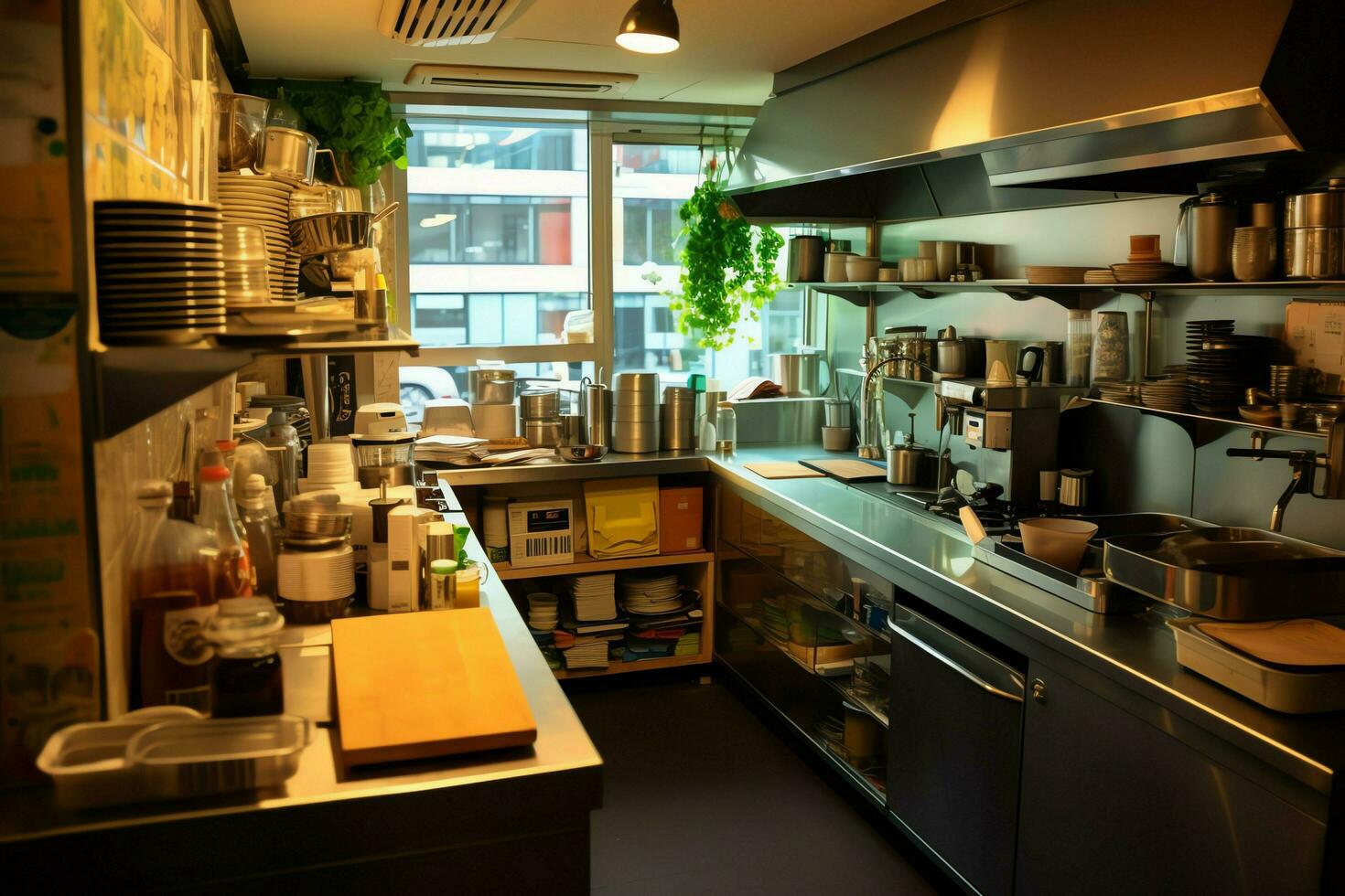 binnen schoon keuken van een modern restaurant of mini cafe met Koken gereedschap en klein bar teller concept door ai gegenereerd foto