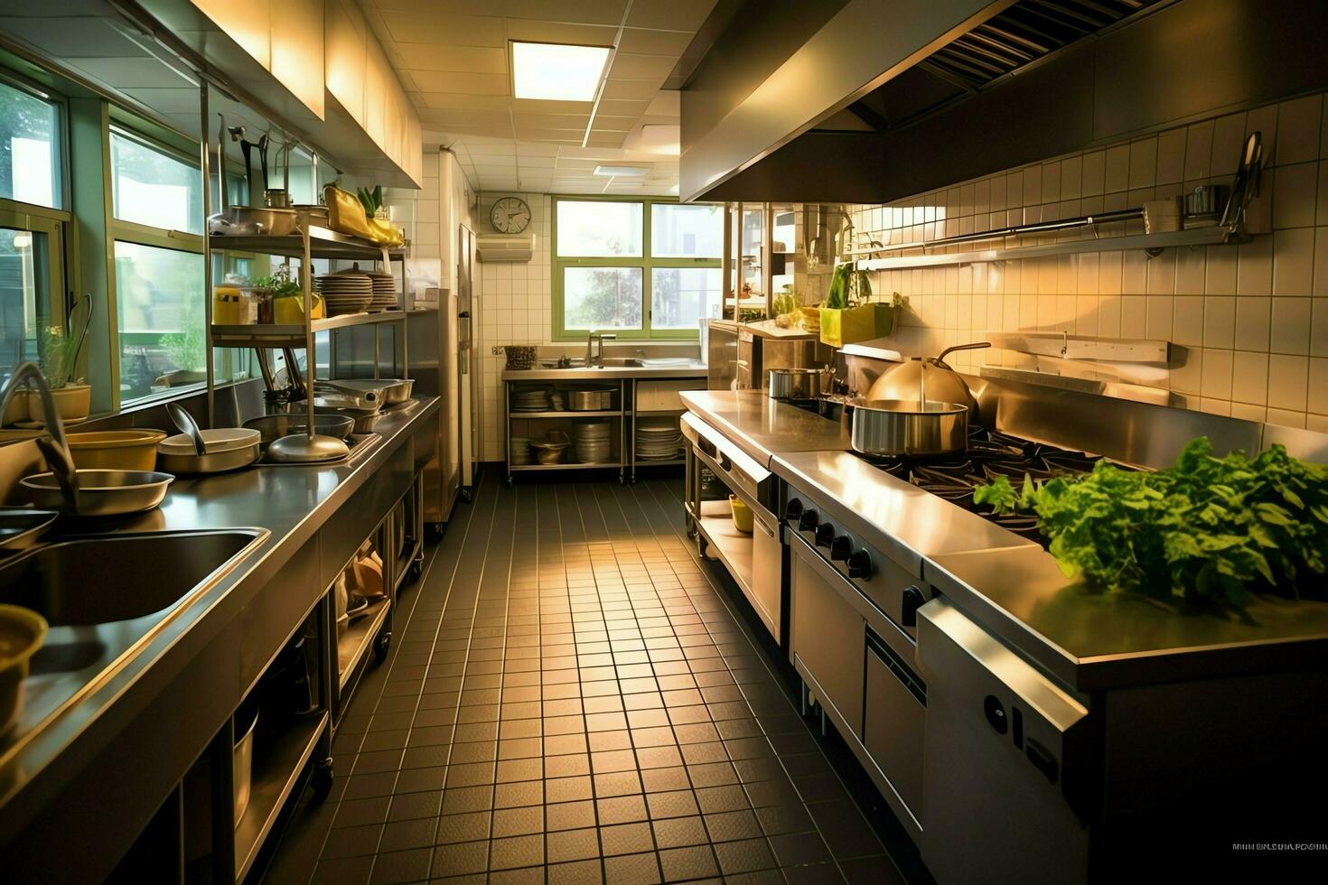 binnen schoon keuken van een modern restaurant of mini cafe met Koken gereedschap en klein bar teller concept door ai gegenereerd foto