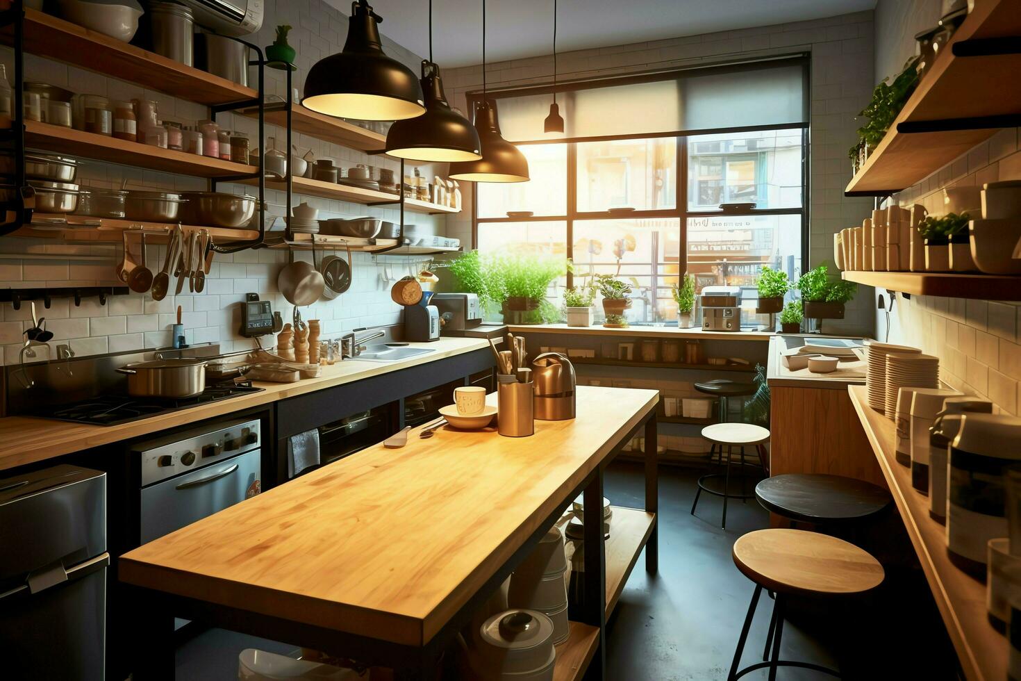 binnen schoon keuken van een modern restaurant of mini cafe met Koken gereedschap en klein bar teller concept door ai gegenereerd foto