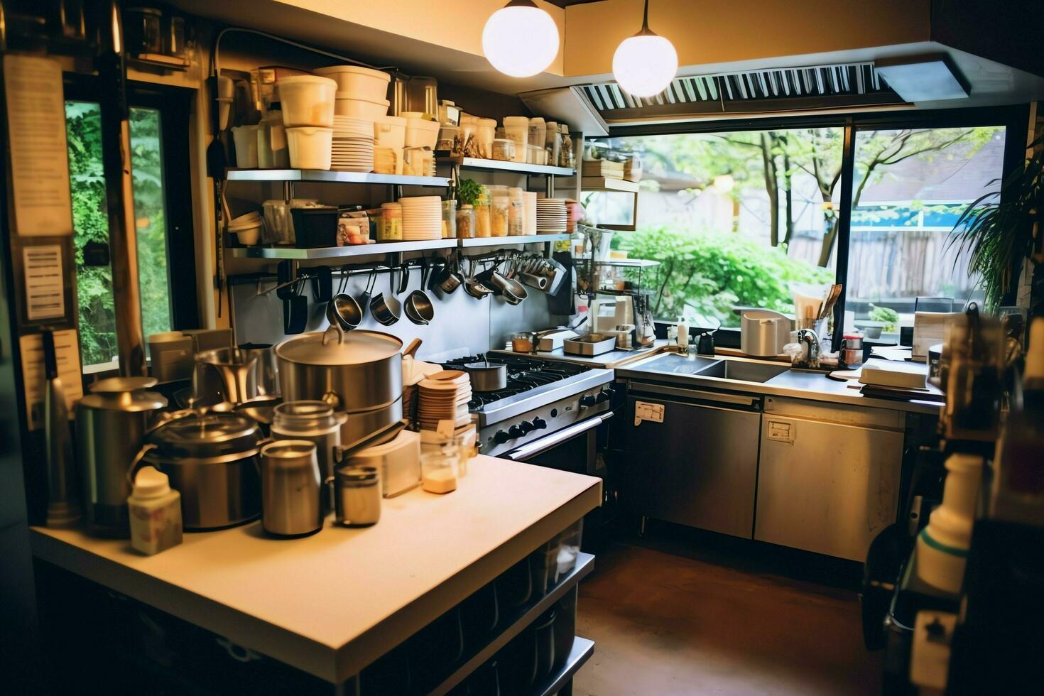 binnen schoon keuken van een modern restaurant of mini cafe met Koken gereedschap en klein bar teller concept door ai gegenereerd foto